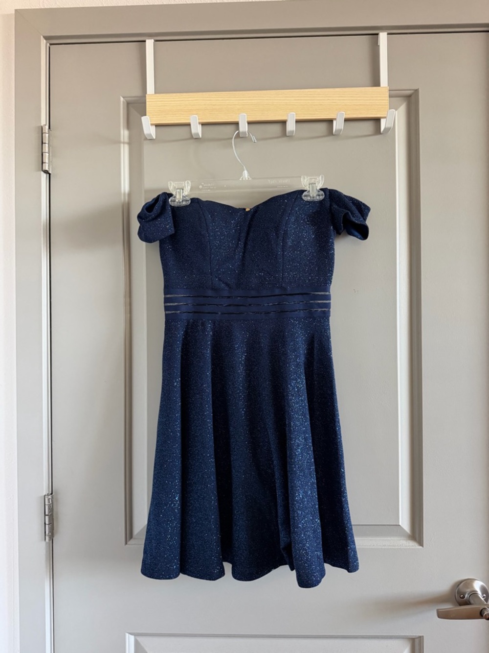 Sparkly Off The Shoulder Navy Dress